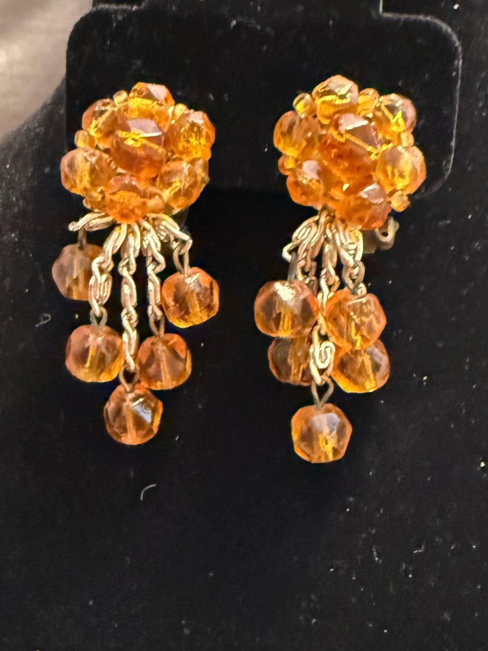 Western Germany marked VINTAGE Amber colored cluster clip-on dangle earrings